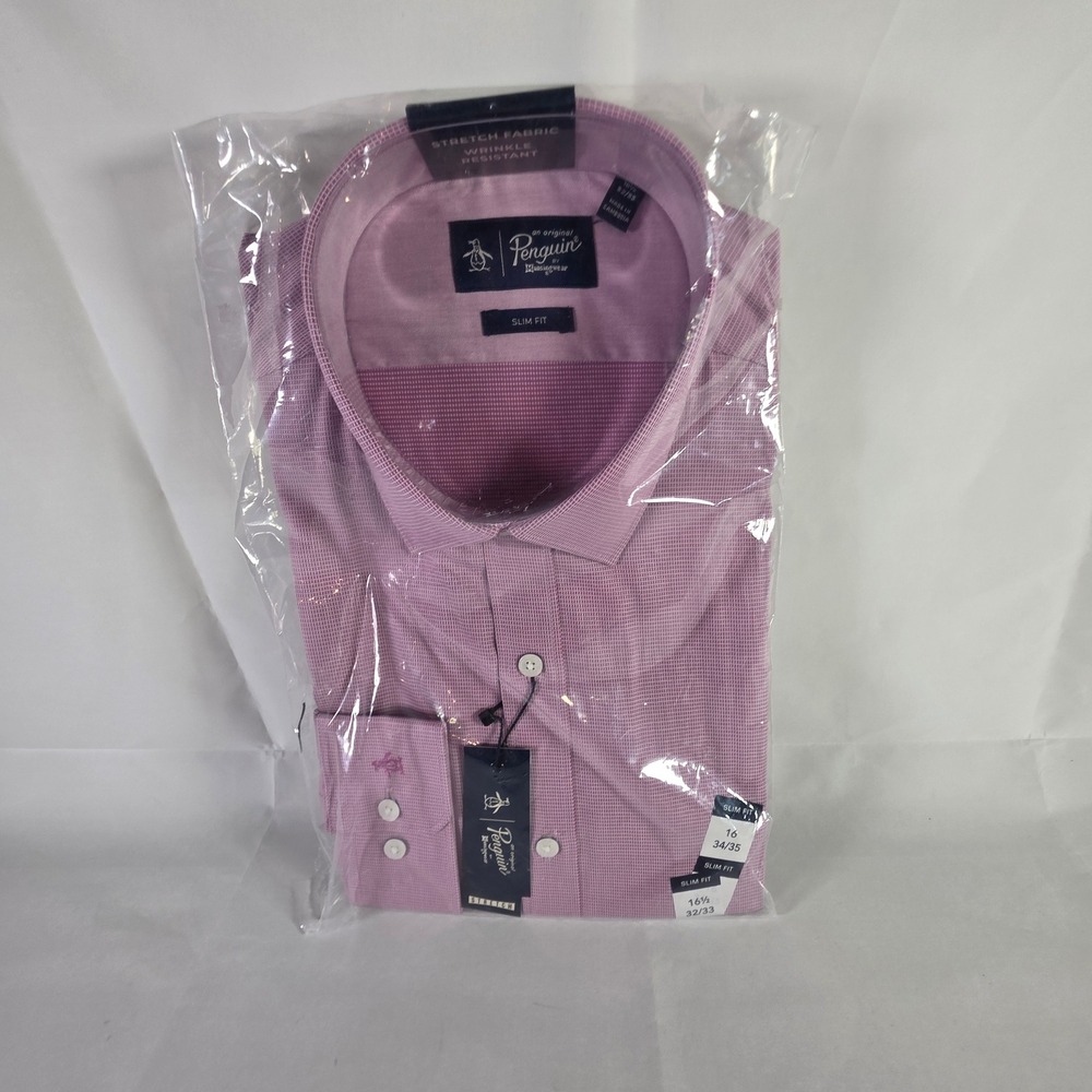 Original Penguin Men's Slim Fit Dress Shirt 16.5 32/33 Berry Stretch NWT